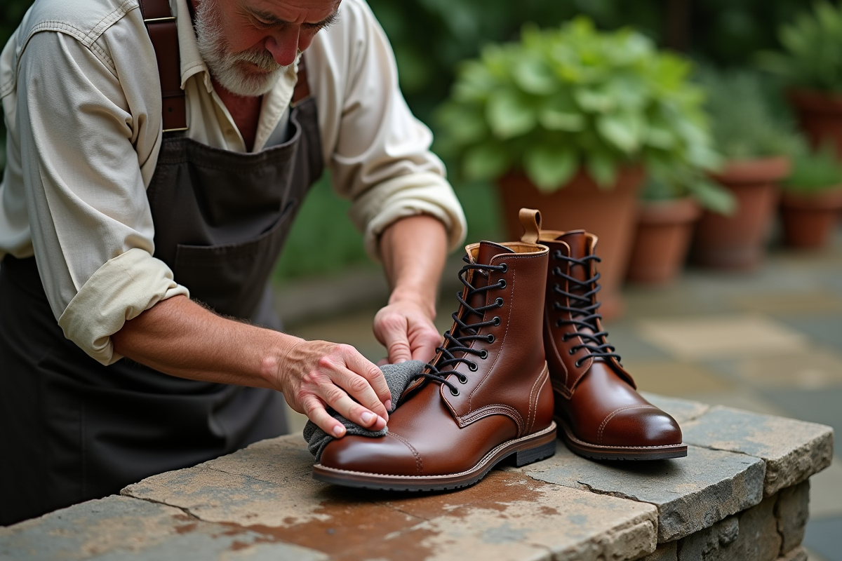 Artisan âgé restaurer des bottes en cuir dans un jardin