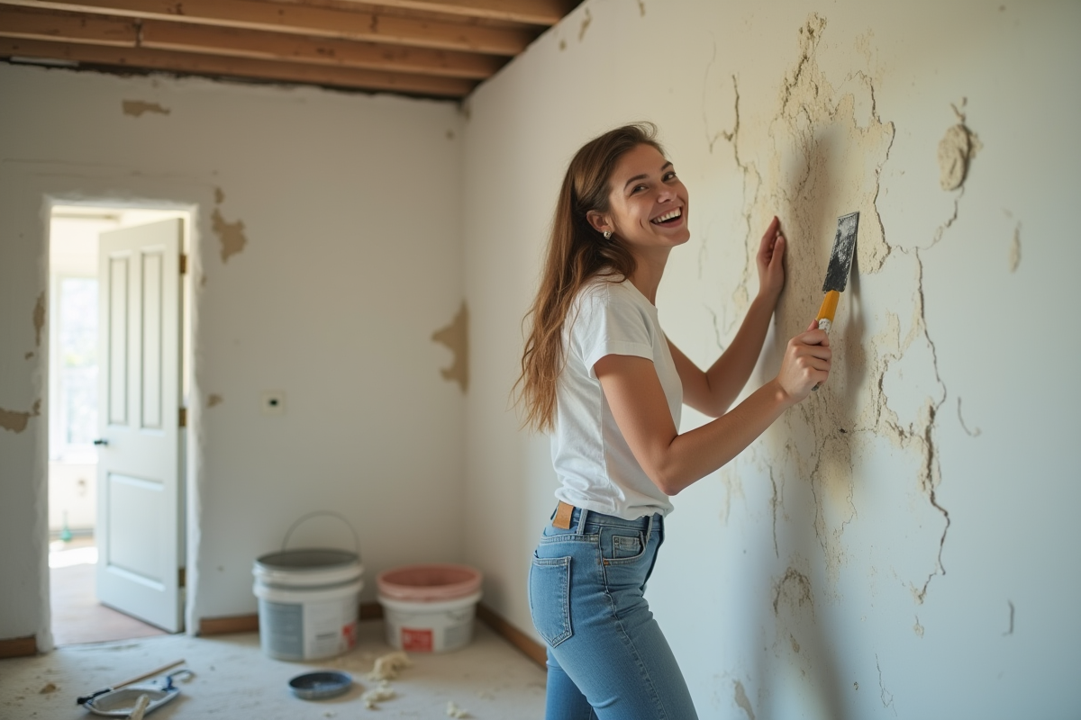Jeune femme lissant un enduit sur un mur abime