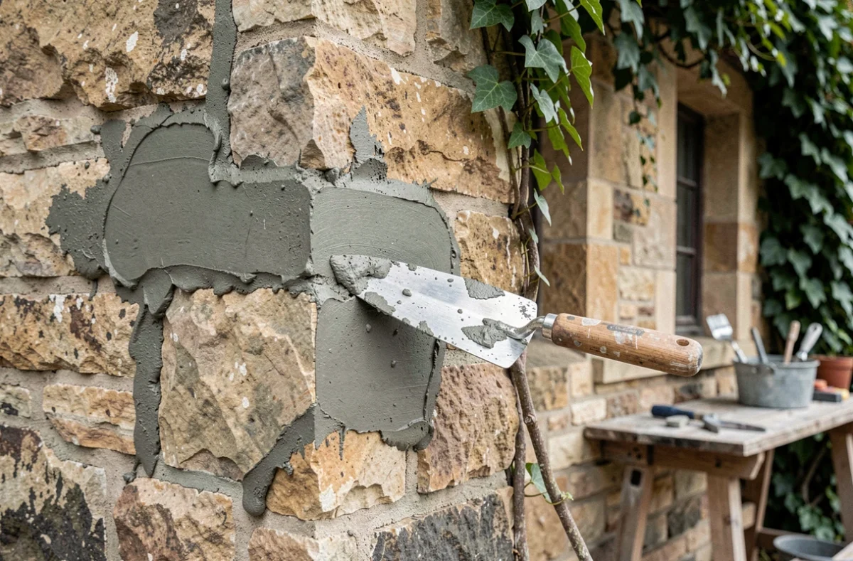Joints de pierre réparés avec un nouveau mortier ciment sable appliqué à la truelle sur un mur ancien