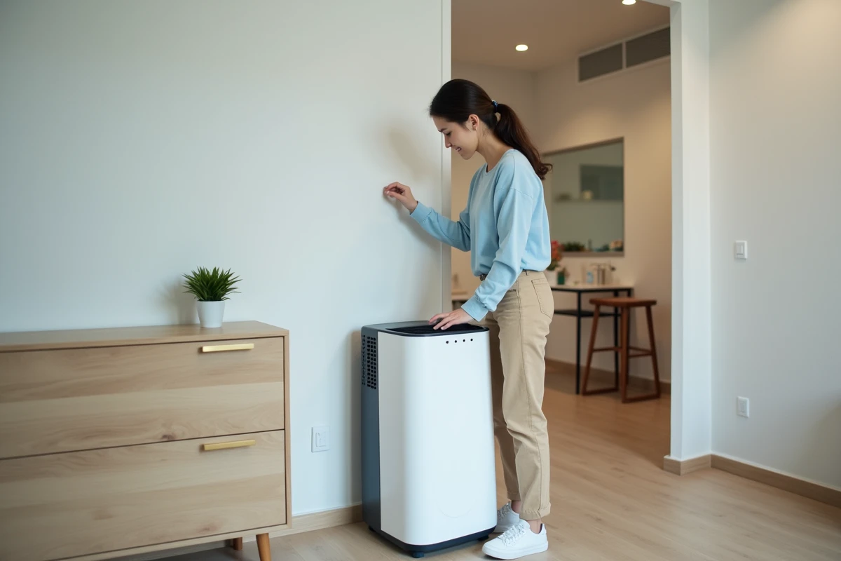 Jeune femme repositionnant un déshumidificateur dans un appartement moderne