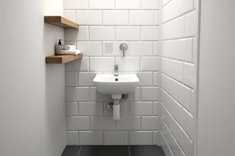 Réservoir lave-main WC mural en céramique blanche installé dans des toilettes modernes avec carrelage métro