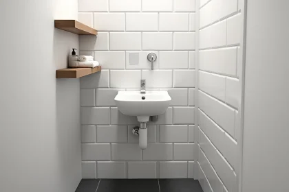 Réservoir lave-main WC mural en céramique blanche installé dans des toilettes modernes avec carrelage métro