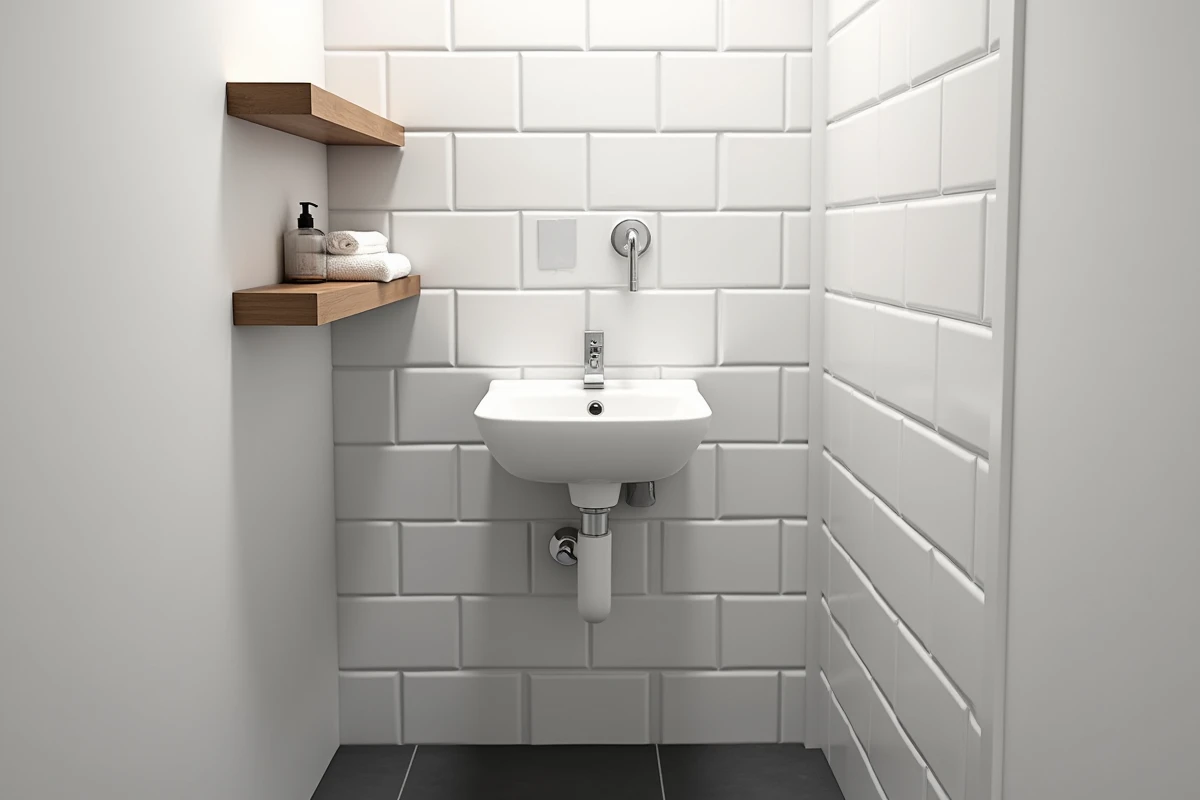 Réservoir lave-main WC mural en céramique blanche installé dans des toilettes modernes avec carrelage métro