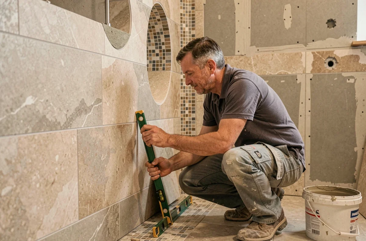 Carreleur posant des carreaux grand format sur mesure dans une salle de bain en rénovation à Baden dans le Morbihan