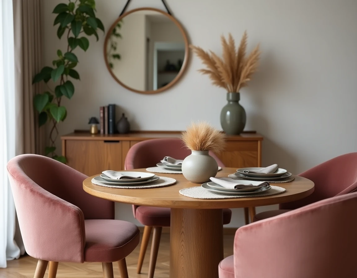 Salle à manger contemporaine raffinée avec table en chêne, chaises en velours rose poudré et décoration chaleureuse en herbes de pampa
