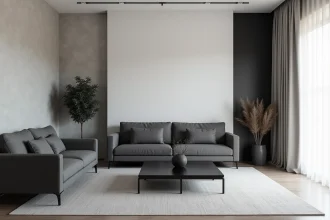 Salon décoré entièrement en gris sans variation de texture illustrant une erreur fréquente en déco noir gris blanc