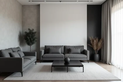 Salon décoré entièrement en gris sans variation de texture illustrant une erreur fréquente en déco noir gris blanc