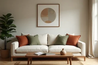 Salon moderne chaleureux avec canapé en lin crème, coussins terracotta et table basse en noyer, décoration minimaliste scandinave