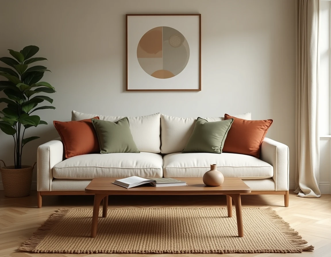 Salon moderne chaleureux avec canapé en lin crème, coussins terracotta et table basse en noyer, décoration minimaliste scandinave
