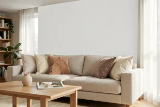 Salon moderne avec papier peint blanc intissé texturé et canapé en lin beige, ambiance épurée et lumineuse