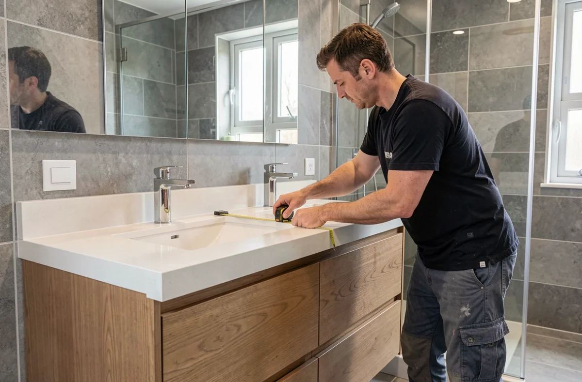 Installateur de salle de bain assemblant un meuble vasque double sur mesure avec plan en quartz dans une rénovation haut de gamme du Morbihan