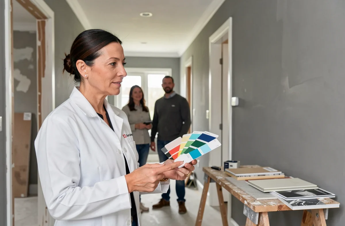 Décoratrice Sol Concept présentant des échantillons de couleurs à des clients dans un couloir en rénovation