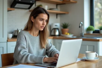 Femme souscrivant une assurance habitation en ligne sur son ordinateur portable depuis sa cuisine moderne
