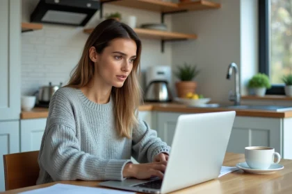 Femme souscrivant une assurance habitation en ligne sur son ordinateur portable depuis sa cuisine moderne
