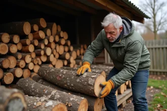 Homme d'âge moyen inspectant du bois de chauffage en extérieur