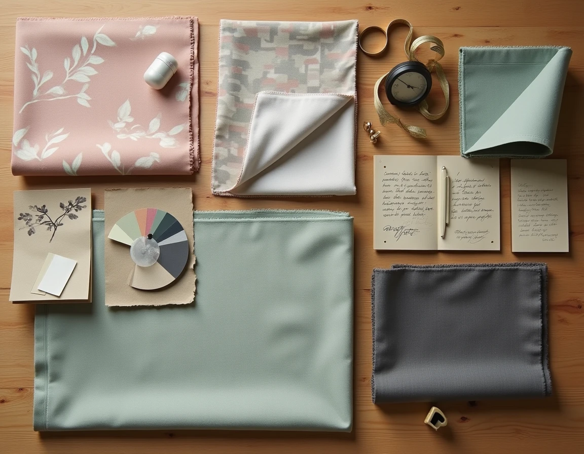 Sélection de swatches de rideaux occultants à motifs variés posés sur une table en bois