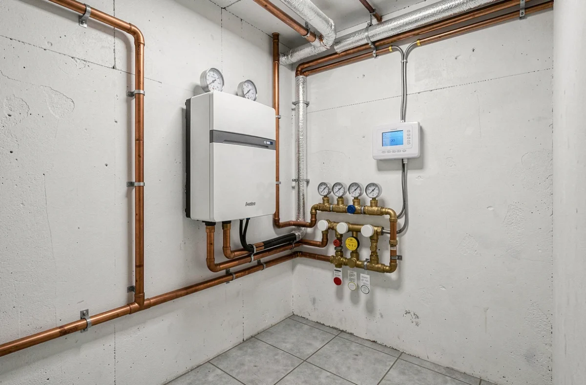 Tableau de distribution hydraulique intérieur relié à une pompe à chaleur air-eau Mitsubishi dans une buanderie moderne
