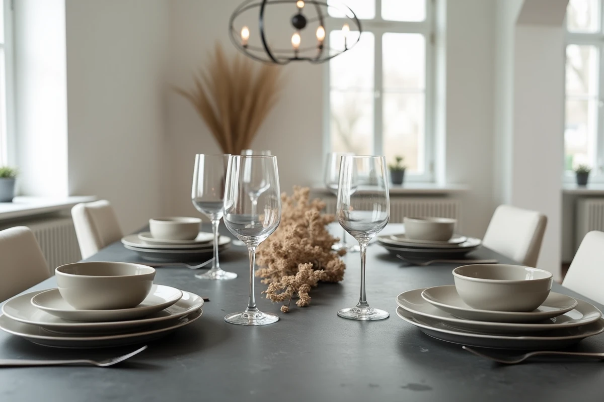 Vue d'ensemble d'une table dressée pour quatre personnes avec verres à vin et à eau placés selon les règles autour d'assiettes en grès simples