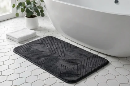 Tapis antidérapant de bain design gris anthracite à motif géométrique posé sur carrelage blanc dans une salle de bain moderne