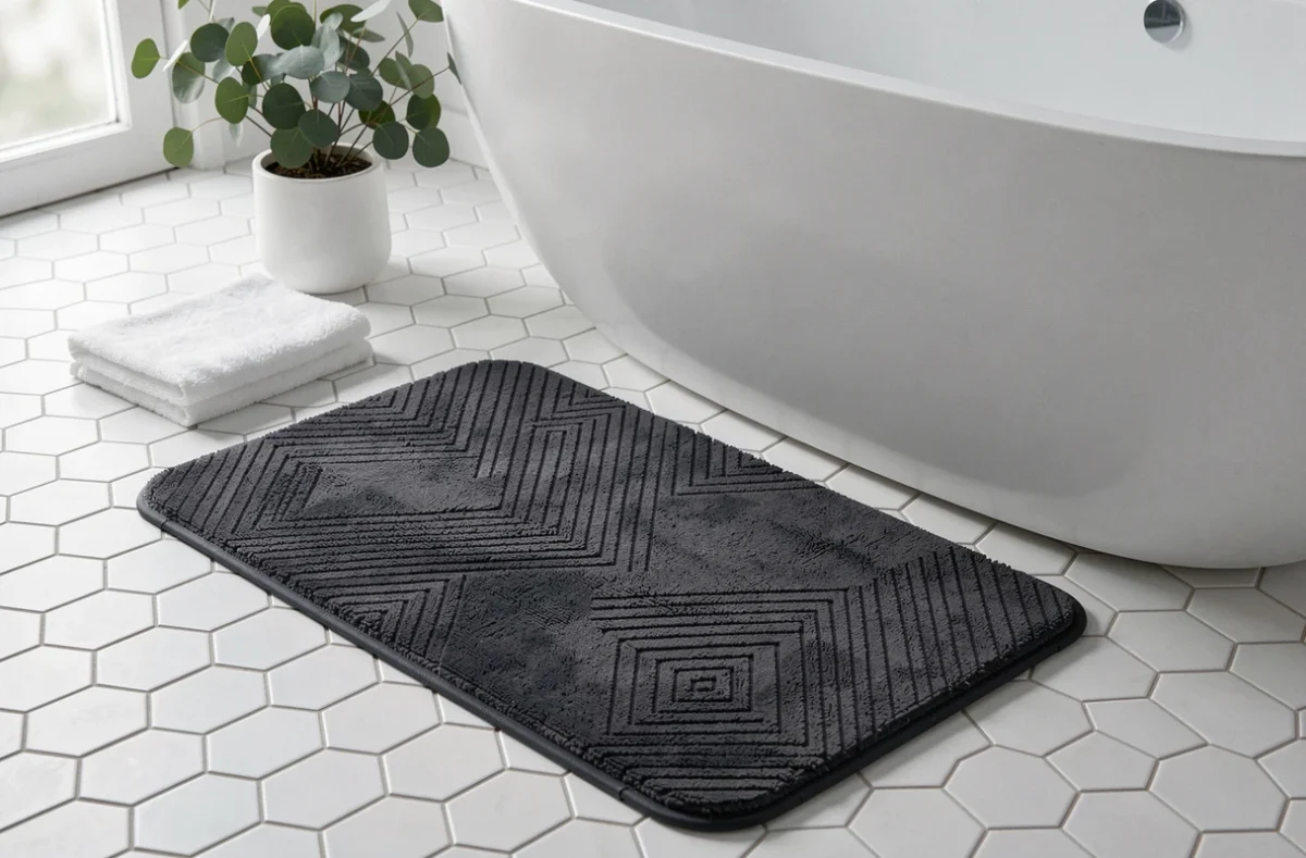 Tapis antidérapant de bain design gris anthracite à motif géométrique posé sur carrelage blanc dans une salle de bain moderne