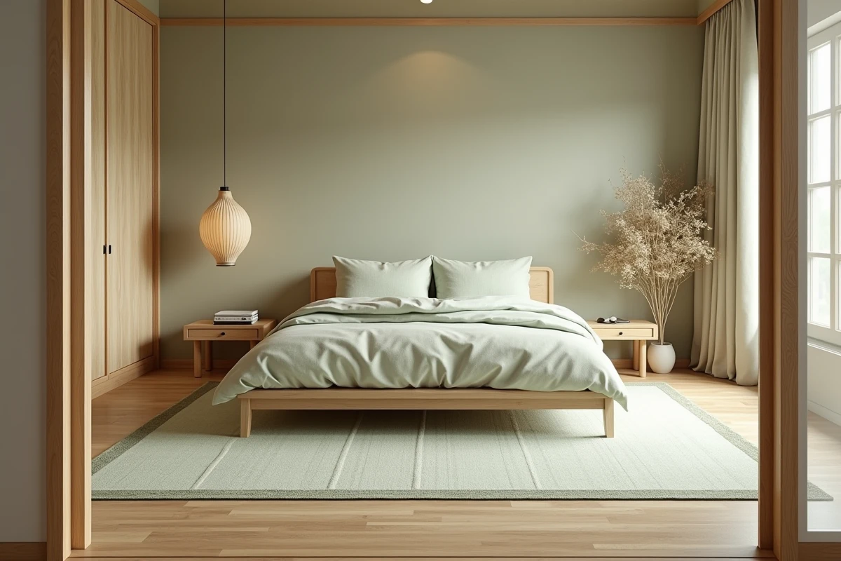 Chambre de style japandi avec tapis japonisant vert sauge et crème sous un lit plateforme bas en bois naturel, ambiance minimaliste et apaisante