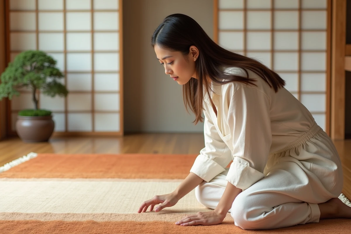 Femme touchant un tapis japonisant haut de gamme en terre cuite et avoine dans un coin méditation japandi avec panneaux shoji et bonsaï en arrière-plan