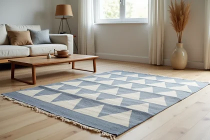 Tapis japonisant haut de gamme en laine avec motifs géométriques indigo et ivoire posé sur un parquet en chêne clair dans un salon de style japandi épuré