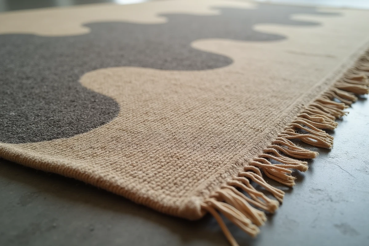 Gros plan sur la texture d'un tapis japonisant haut de gamme aux motifs vagues en gris anthracite et beige naturel, détail artisanal de fibres tressées et frange