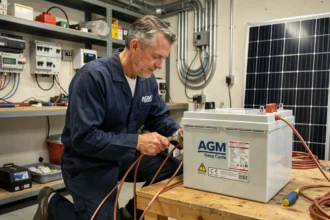 Technicien connectant une batterie AGM à un panneau solaire de 400W dans un atelier d'installation solaire