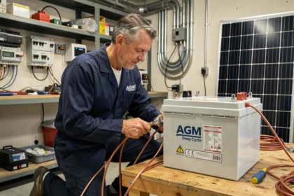 Technicien connectant une batterie AGM à un panneau solaire de 400W dans un atelier d'installation solaire