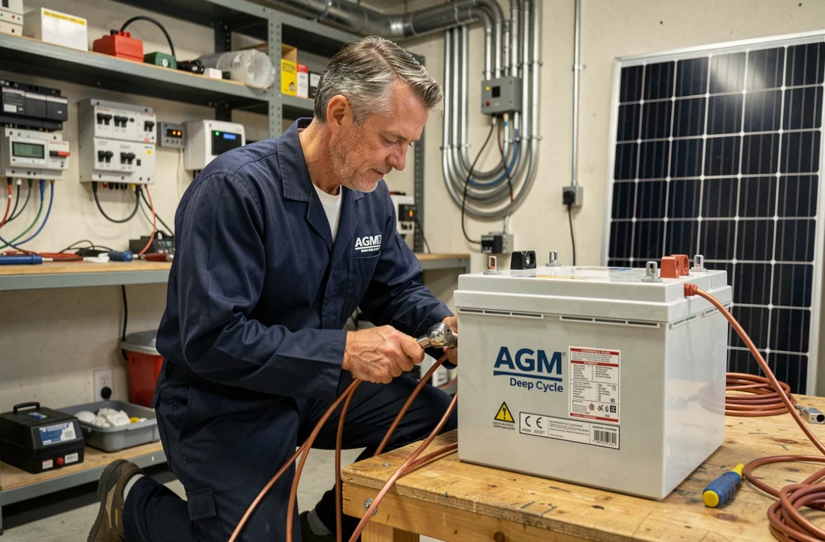 Technicien connectant une batterie AGM à un panneau solaire de 400W dans un atelier d'installation solaire