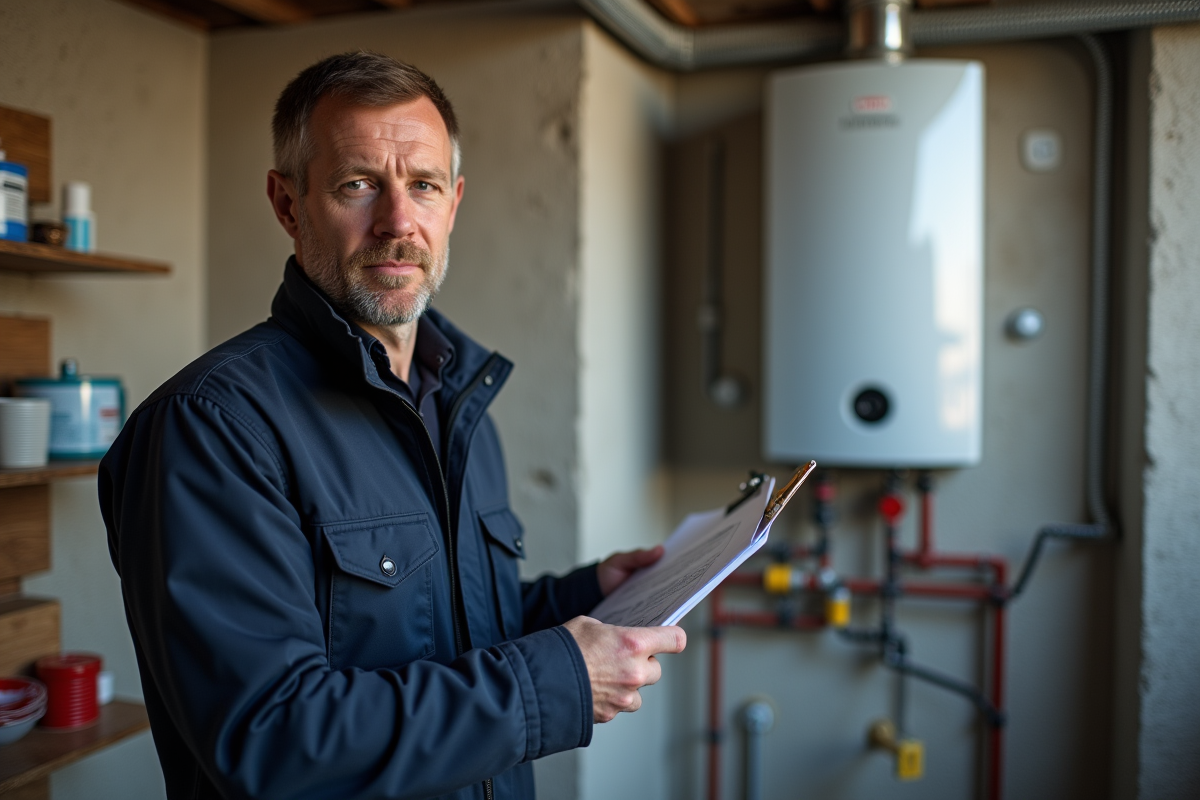 Technicien avec une chaudière neuve dans une pièce technique