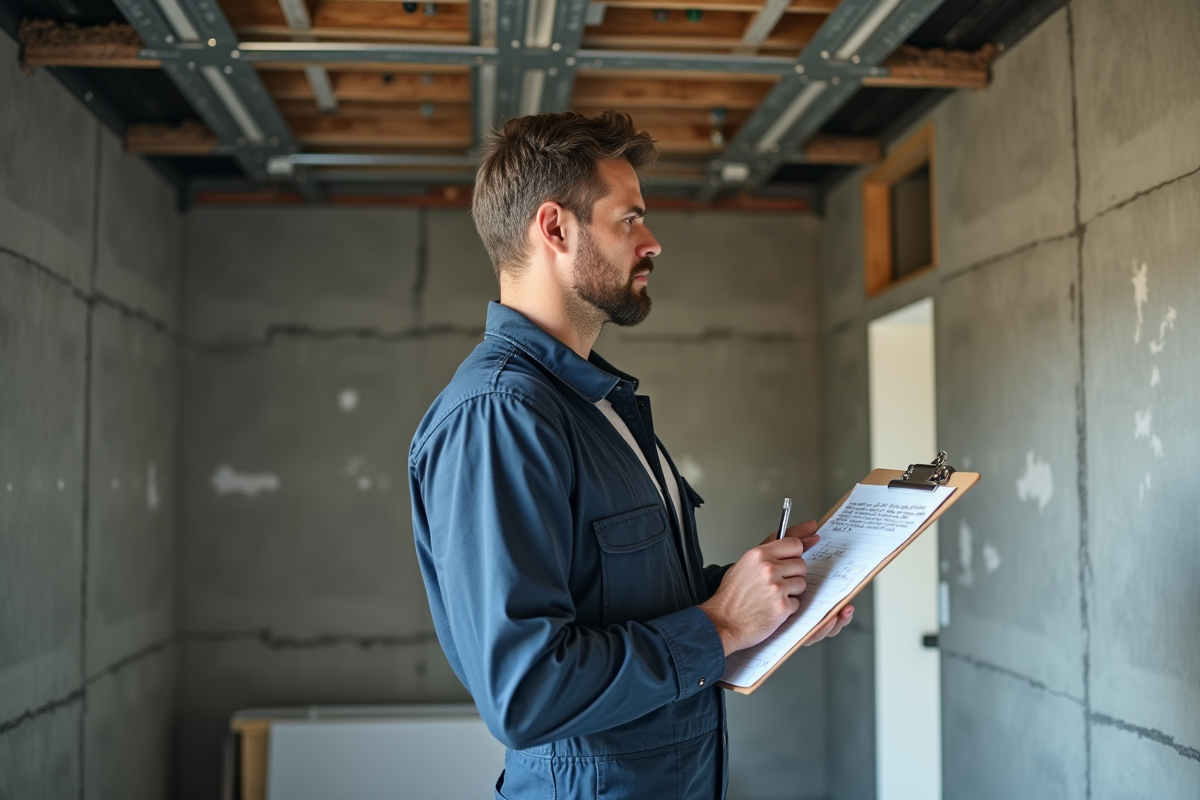 Technicien en overalls examinant un plafond suspendu en rénovation