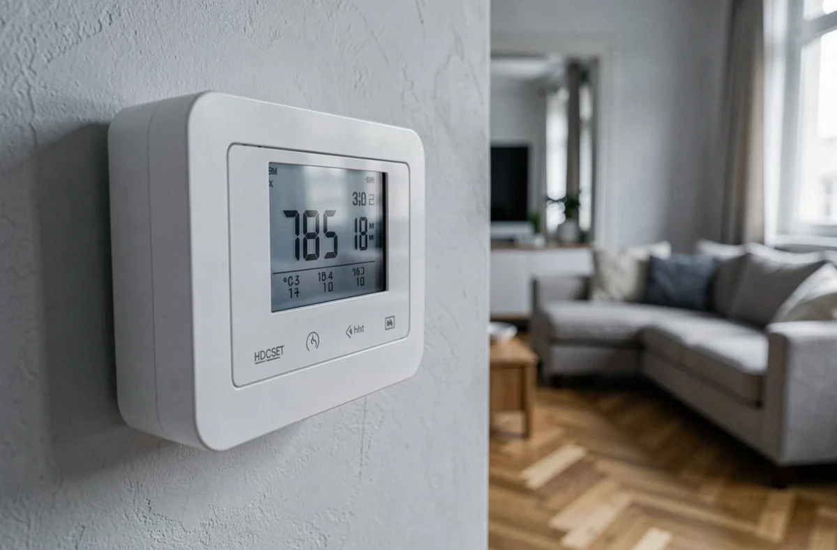 Thermostat connecté d'une pompe à chaleur Frisquet dans un appartement moderne