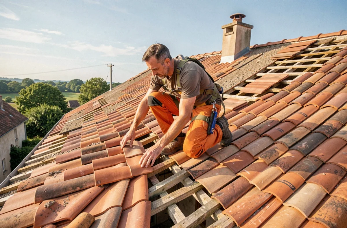 Couvreur Toupin Couverture posant des tuiles en terre cuite sur le toit d'une maison traditionnelle en Essonne