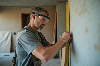 Ouvrier mesurant une cloison Placo dans un appartement occupé en cours de rénovation