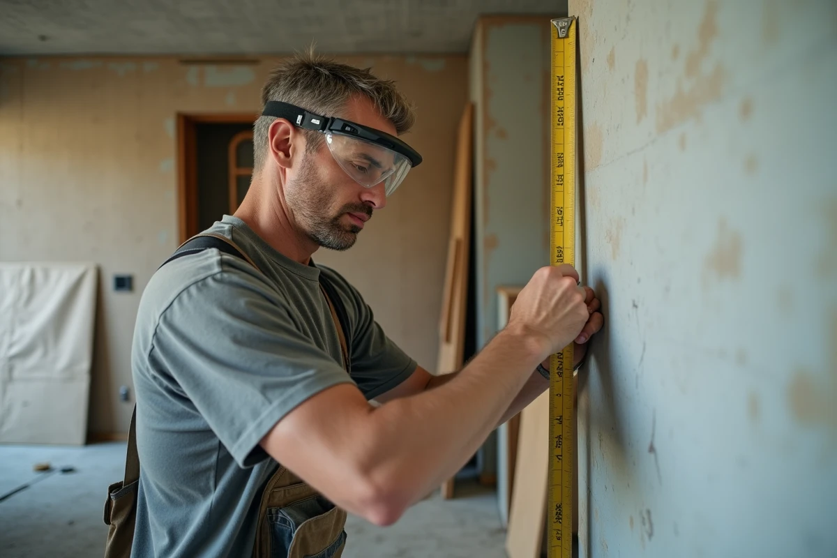 Ouvrier mesurant une cloison Placo dans un appartement occupé en cours de rénovation