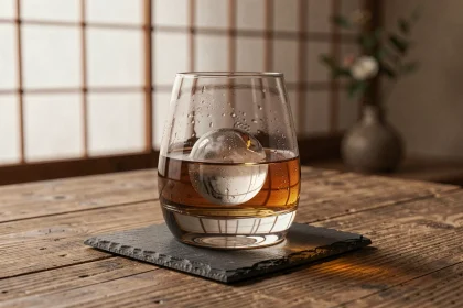 Verre à whisky japonais en cristal soufflé avec glaçon sphérique sur ardoise noire dans un intérieur zen minimaliste