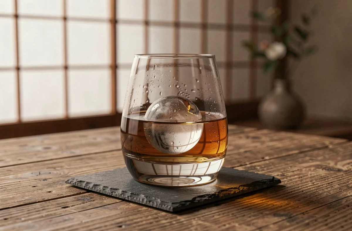 Verre à whisky japonais en cristal soufflé avec glaçon sphérique sur ardoise noire dans un intérieur zen minimaliste