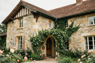 Façade d'une villa de style Arts and Crafts en France avec maçonnerie en pierre taillée, poutres en bois ornementales et toit en tuiles de terre cuite entouré d'un jardin verdoyant