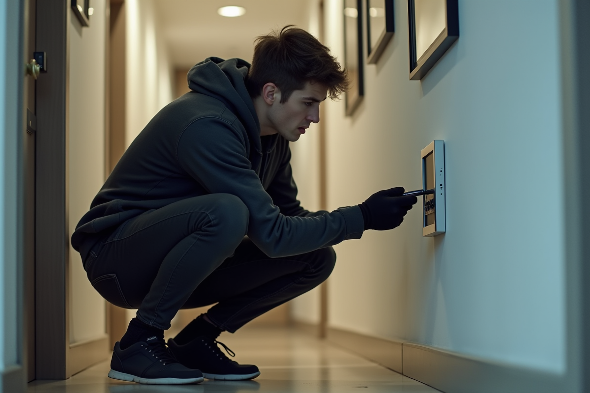 Jeune voleur en action près d’un système de sécurité moderne