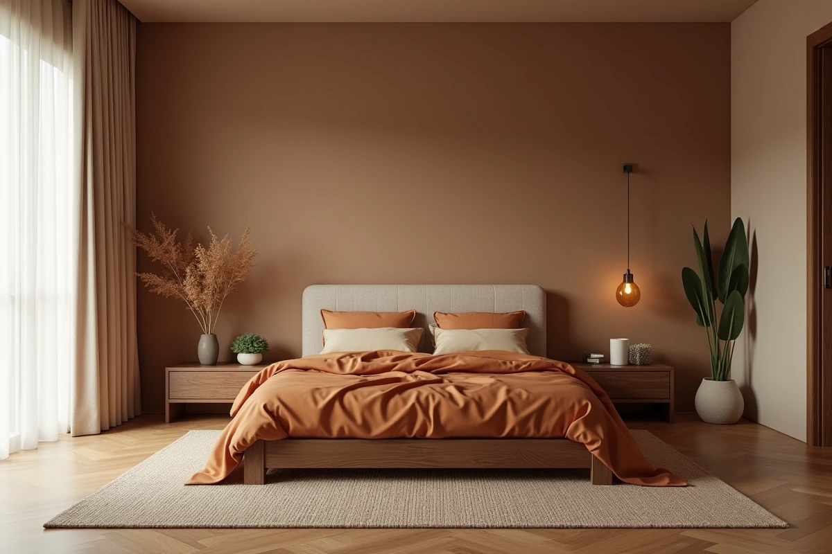 Vue d'ensemble d'une chambre parentale chaleureuse avec lit en bois, tête de lit en bouclé sable, linge de lit terracotta et rideaux en lin blanc depuis l'entrée de la pièce